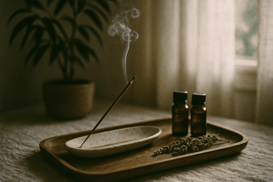 A calming wellness scene featuring a burning somascents incense stick