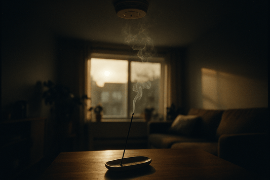 Incense stick burning gently beneath a ceiling-mounted smoke detector.