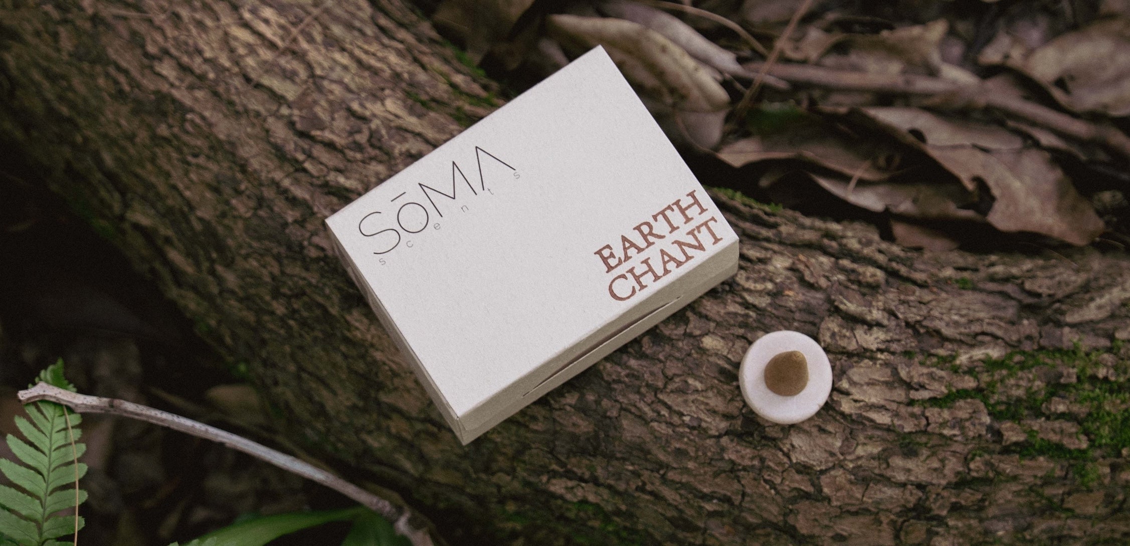 SomaScents Earth Chant incense cone box and ceramic holder placed on a mossy tree trunk, surrounded by leaves and forest floor textures.