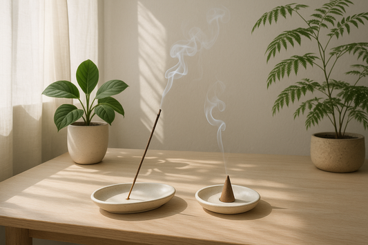 Incense stick and cone burning side by side on a wooden table