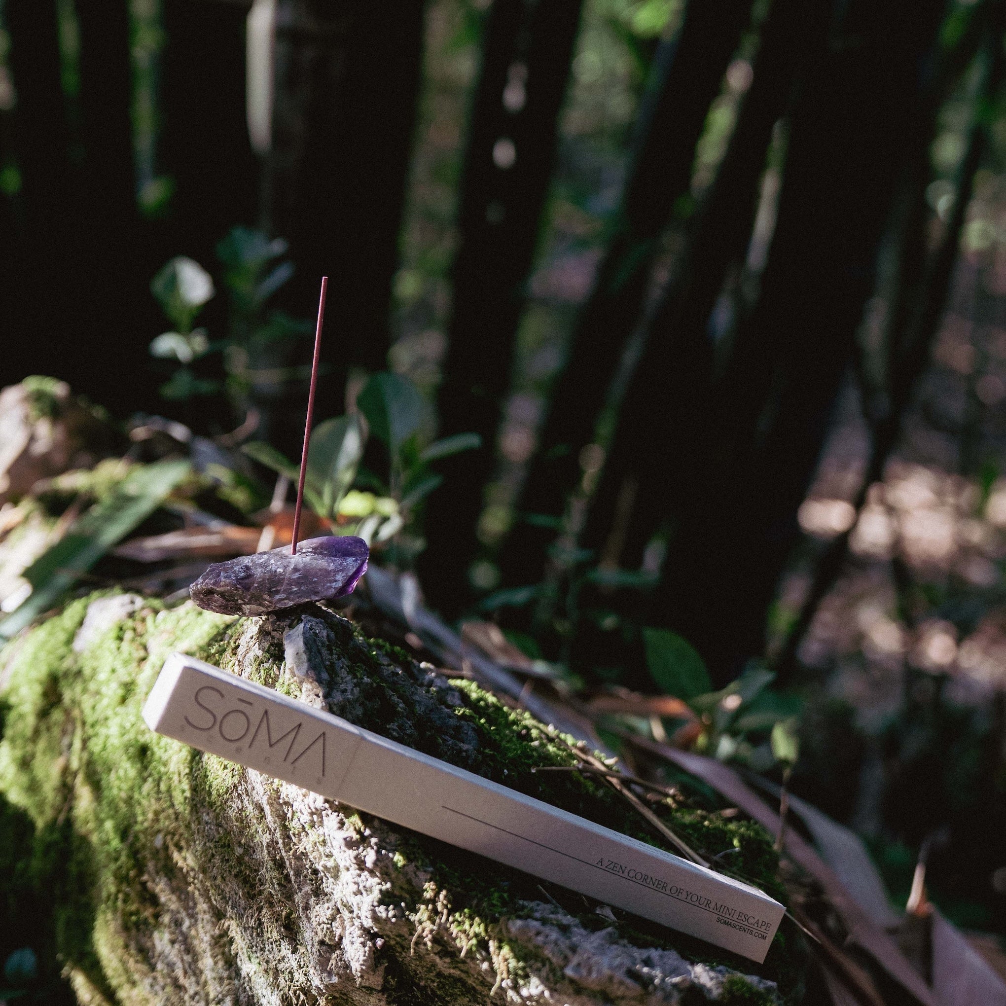 SomaScents incense stick burning in an amethyst gemstone holder, displayed on a moss-covered log with incense box in a sunlit forest setting.