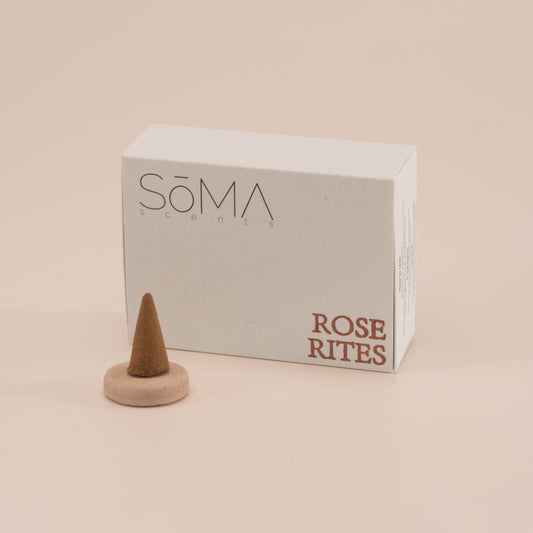 Rose Rites incense cones in an eco-friendly box