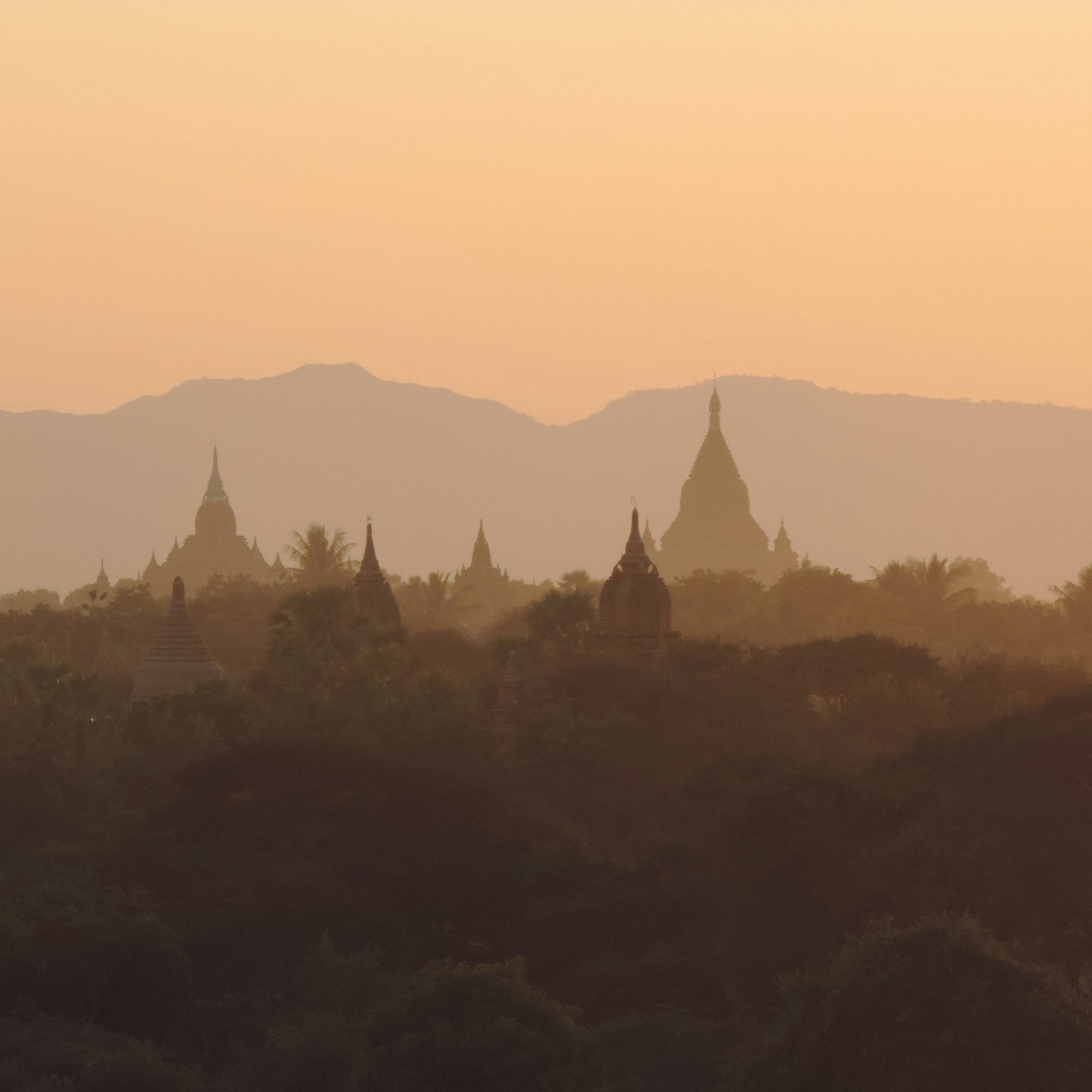 Silhouetted temples and trees at sunset with mountains in the background.

